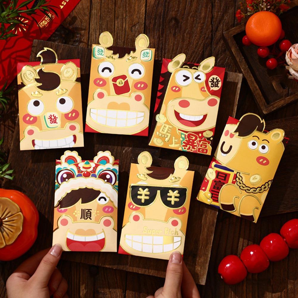 6pcs Horse Year Chinese Red Envelopes Red Color Tradition Lucky Money Envelopes Cartoon Cartoon Red Packets Gift