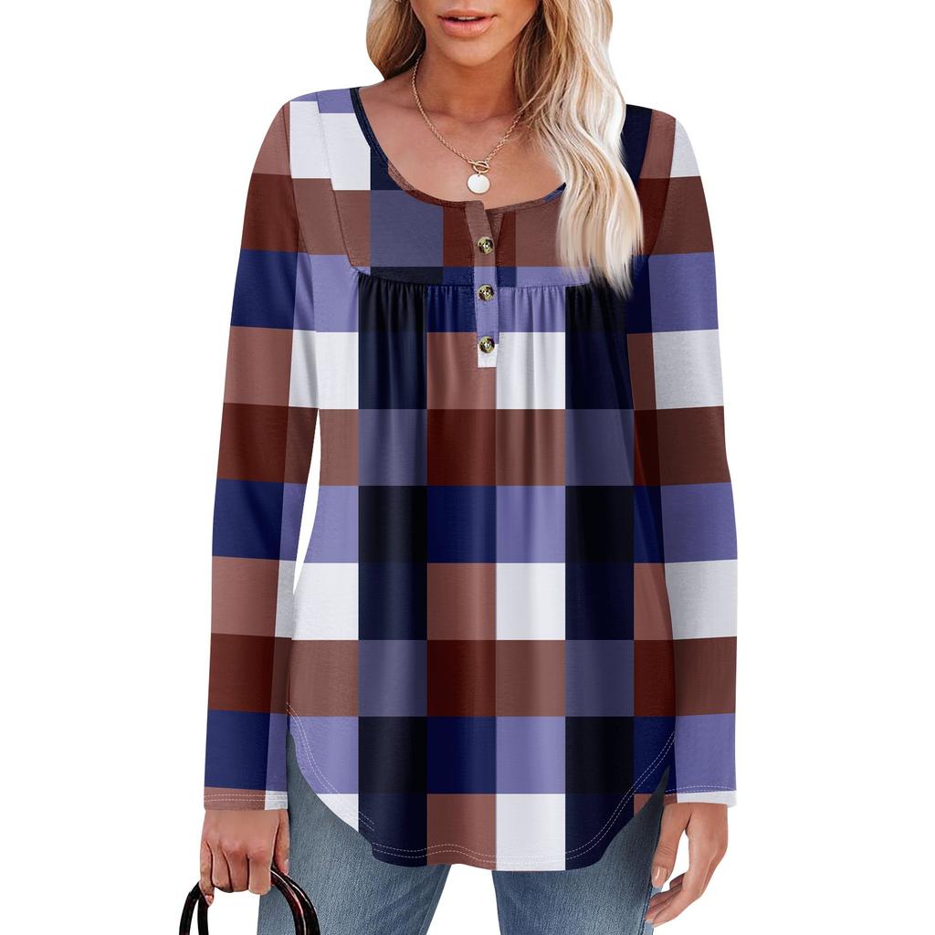 Женская туника с длинным рукавом, свободные топы, повседневные топы оверсайз, плиссированная туника, застегивающаяся на пуговицы, повседневные женские топы с принтом
