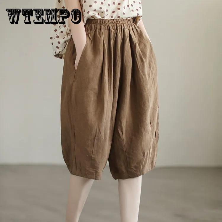 Литературные ретро-хлопковые и льняные однотонные простые повседневные брюки женские летние брюки с эластичной резинкой на талии большого размера с пятью точками