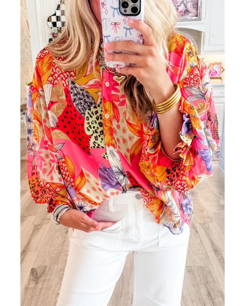 Azura Exchange Красная рубашка с абстрактным цветочным принтом, застегивающаяся на пуговицы и оборками на рукавах-фонариках