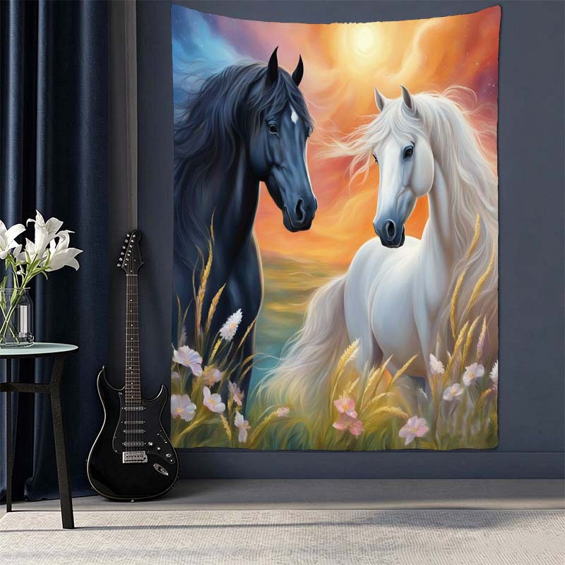 Black and White Horses Tapestry, Sunset Grassland Wild Horse Wall Hanging Art for Room Decor