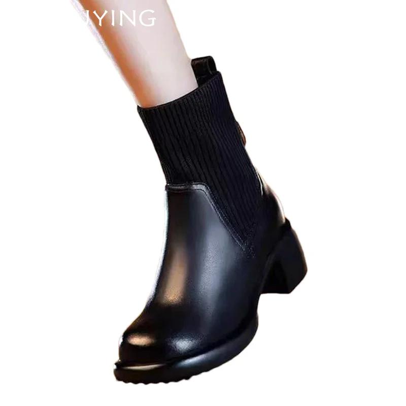 Зимние кожаные женские зимние ботильоны на среднем каблуке в стиле ретро, дизайнерские ботинки челси 2024 года, классические массивные туфли в готическом стиле, женские ботинки