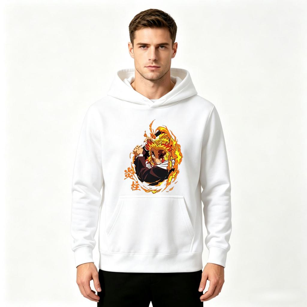 Men Anime Print Pullover Hoodie Casual Flame Character Long Sleeve Sweatshirt
