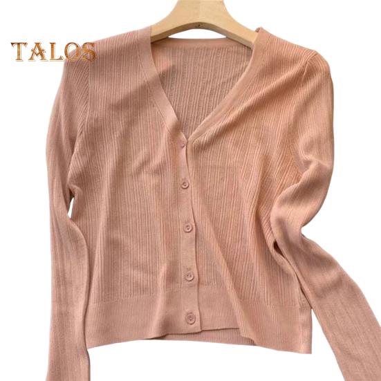 Sun Knit Cardigan for Women Long Sleeve V-Neck Button Up Thin Ice Silk Coat Summer Ribbed Cropped Top for Outdoor Travel Work Beach
