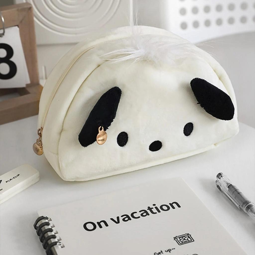 Kawaii Black White Dog Large Capacity Plush Pencil Bag Cute Pencil Cases Pouch Stationery Organizer Holder Gift Prizes