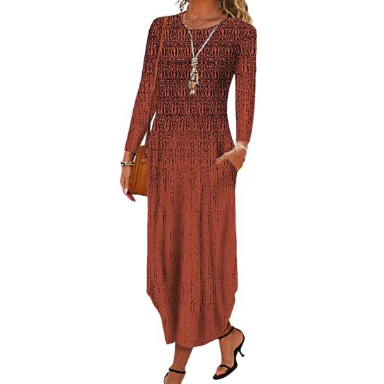 Fall Spring Women Dress O Neck with Pockets Long Sleeves A-line Printing Loose Irregular Hem Dating Commuting Maxi Dress