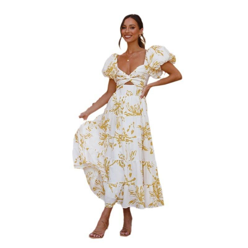 Spring/summer New Temperament Slim-fit Print Puffed Sleeves Swing High-end Dress Woman Vacation Style Beach Style