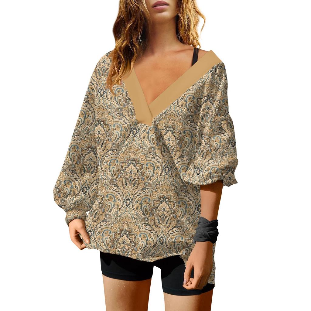 Женская мода V-образный вырез длинный рукав принтованный свободный пуловер свитшот топ