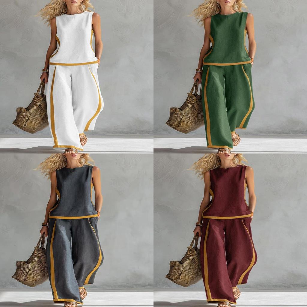 Womens Summer Sleeveless Color Block Pantsuit With Pockets And Splicing For Casual Wear