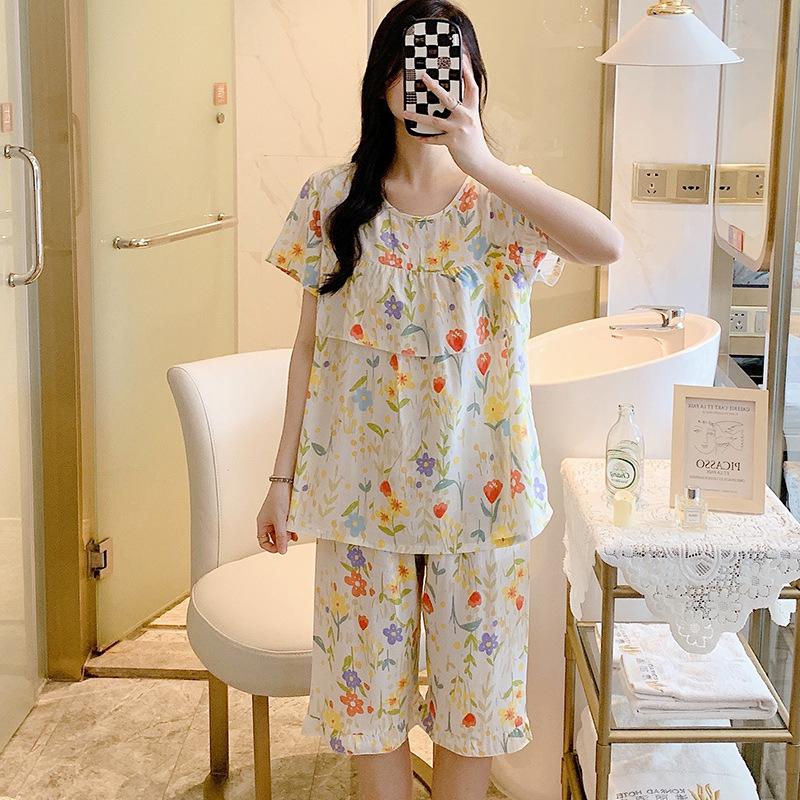 1011 New anti-bump cotton and silk pajamas women's summer ultra-thin short-sleeved trousers cotton and silk set large-size loungewear