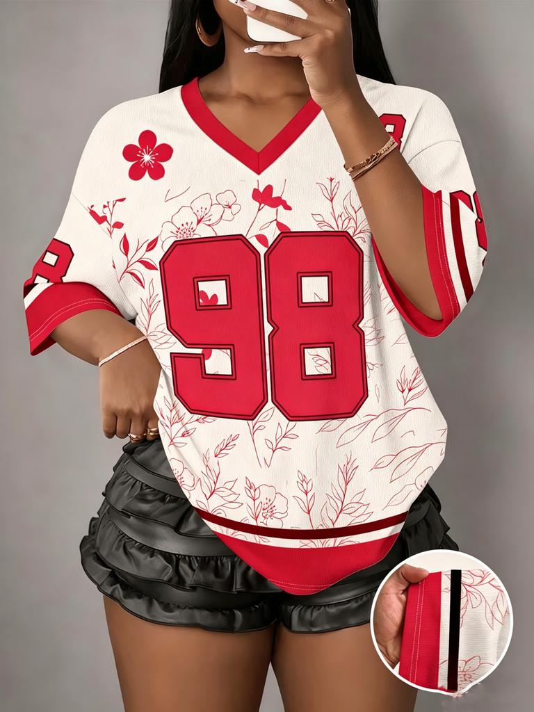 Women's Flower NO.98 Print V-Neck Short Sleeve T-Shirt Summer Graphic Tee Sport Jerseys Plus Size Sport T-Shirt