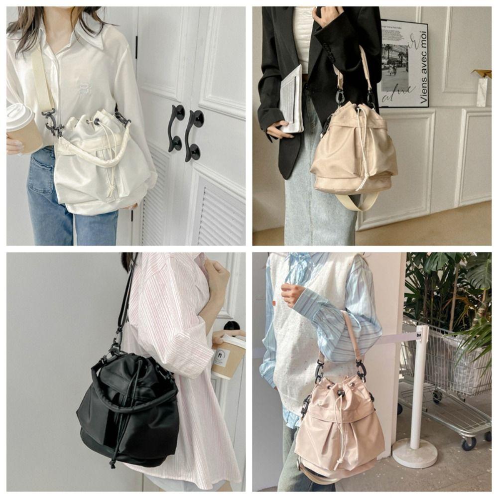 Korean Style Drawstring Fitness Bag Solid Color Bucket Bag Swimming Nylon Crossbody Bag Women