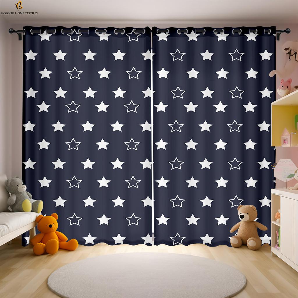 Cartoon Star Moon Print Curtains Dormitory Living Room Bedroom Children's Room Window Decoration Curtains 2 Pieces