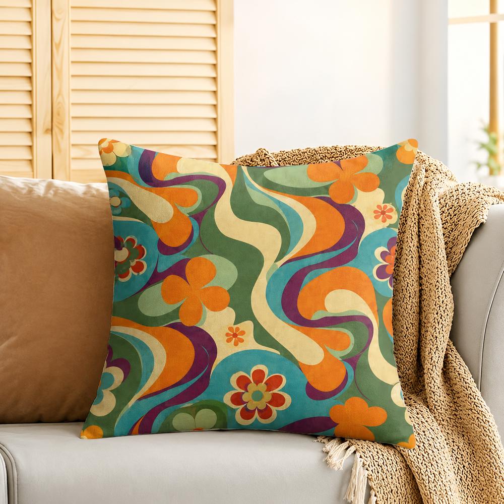 Groovy Retro Flowers Cushion Cover Silky Short Plush Invisible Zipper Dustproof Sofa Pillow Case For Home Decor