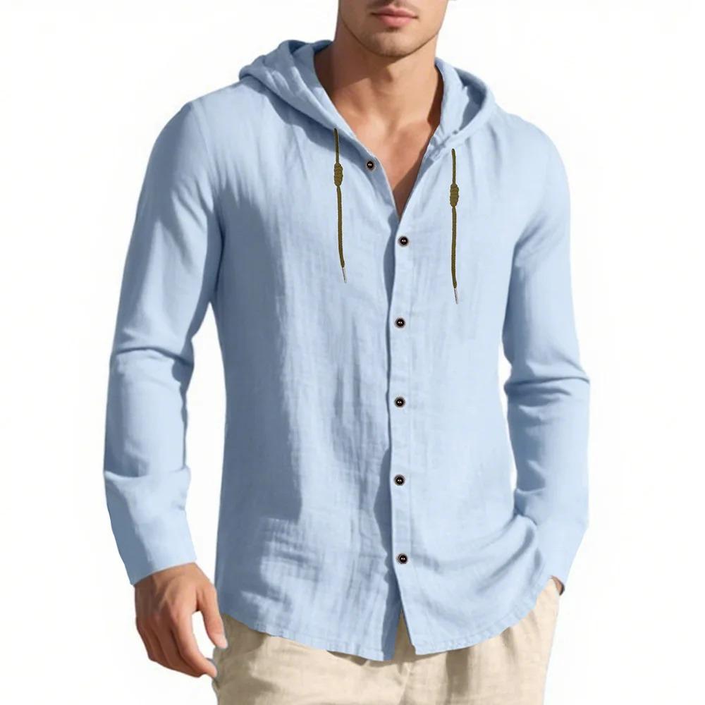 Мужская рубашка с капюшоном, однобортная, хлопок-лен, легкая, весенне-летняя, с длинным рукавом, с кулиской, в отпускном стиле, топы