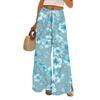 Women's Casual Wide Leg Pants Stretch Belt Pocket Floral Print Adjustable Tie Pants