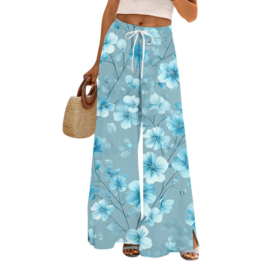 Women's Casual Wide Leg Pants Stretch Belt Pocket Floral Print Adjustable Tie Pants
