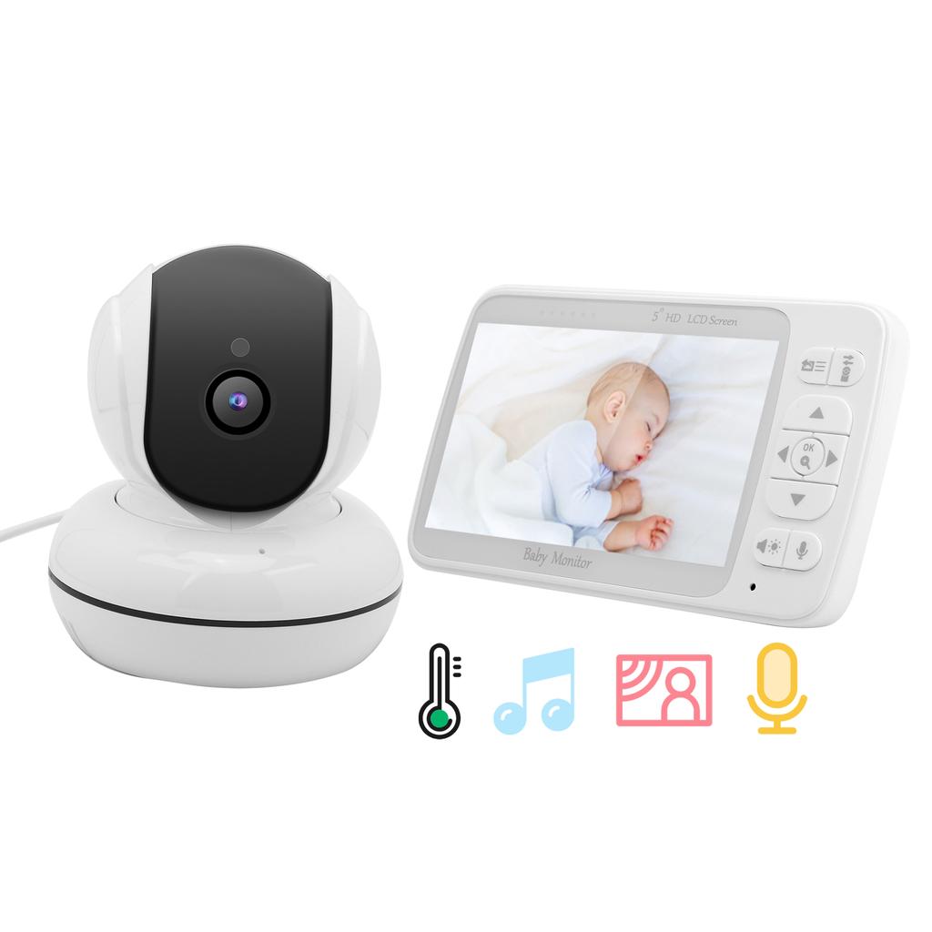 5in Baby Monitor 720P HD Color Video 2 Way Intercom Night Viewing Temp Detector 100?240VUS Plug