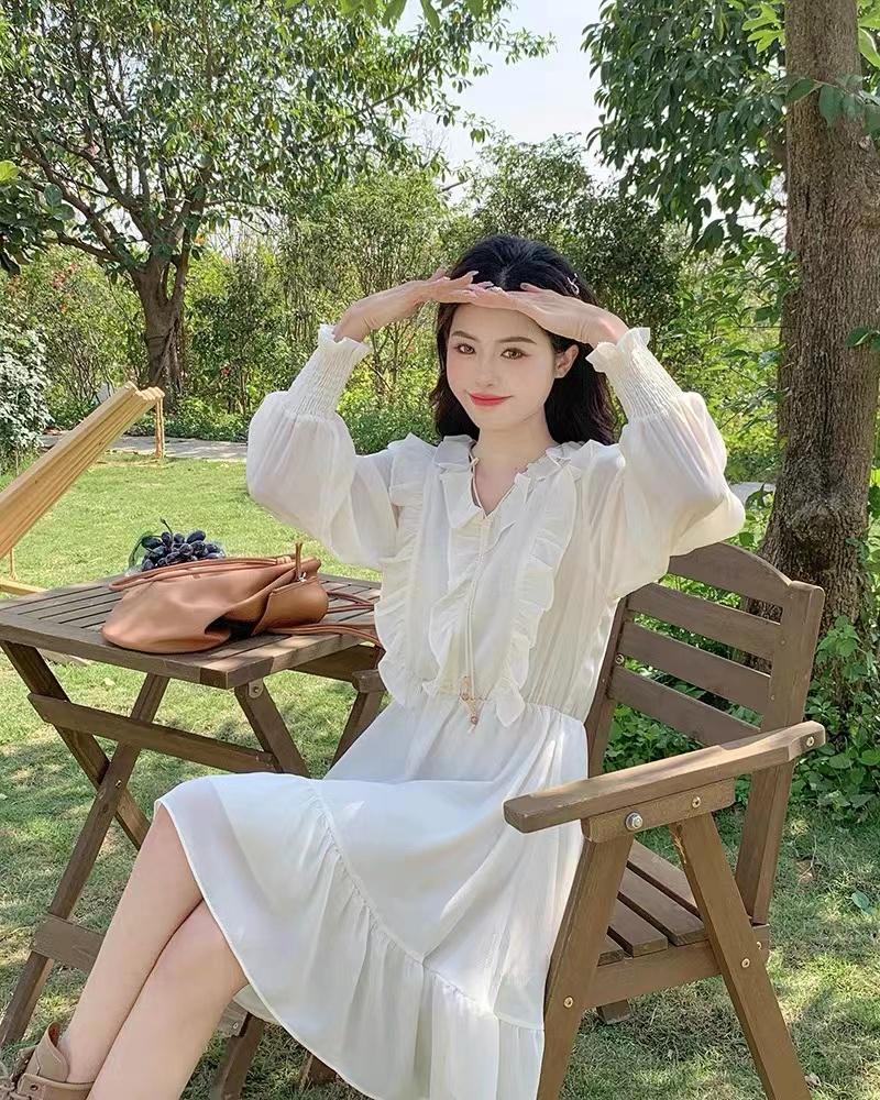 Милое женское элегантное платье с оборками, осеннее абрикосовое платье с рукавами-фонариками, женская винтажная цельная одежда, женское однотонное макси во французском стиле