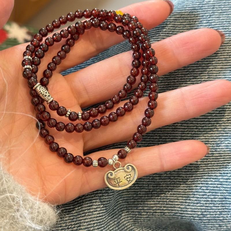 Handmade Sterling Multi-Layer Bracelet With Garnet Beads Chinese Lucky Lock Charm Women New Style
