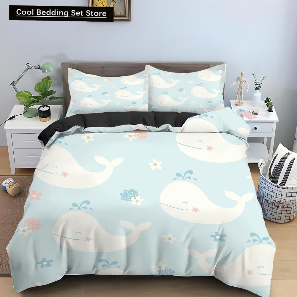 Bule Dolphin Whale King Queen Duvet Cover Underwater World Bedding Set Cartoon Sea Animal Comforter Cover Polyester Quilt Cover