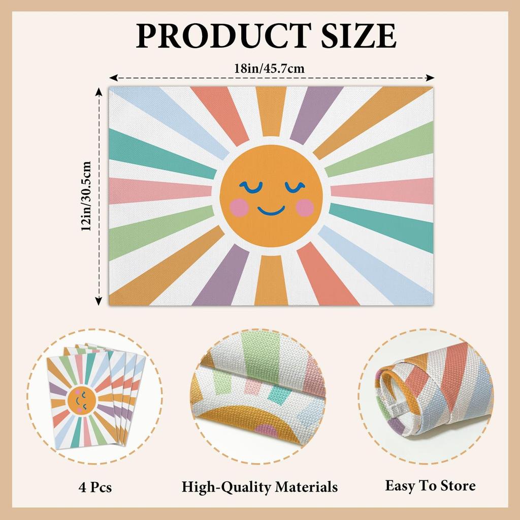 Cotton Linen Waterproof Placemats Set of 4, Baby & Kids Dining Mat Colorful You are My Sunshine Table Mats