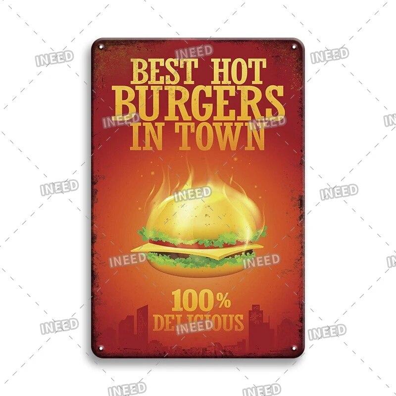Mfoever Burger Sign Best In Town Beef BBQ Vintage Decor Hotdogs Kitchen Decorations Wall Plaque Retro Decor Vintage Food Sign