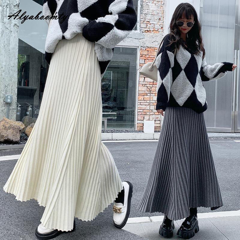Korean Fashion Autumn Winter Women Long Skirt High Waist Black Beige Gray Brown Knitting Skirt Thick Warm Knitted All-Match Skirt