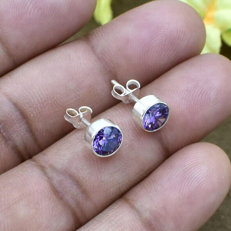 Natural Purple Amethyst Round Stud Earrings 925 Sterling Silver Handmade Earring