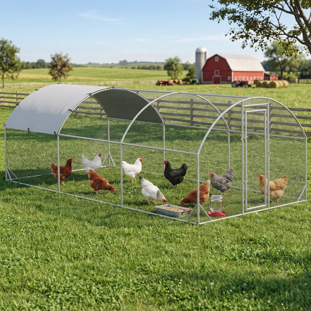 Chicken Coop, Outdoor for 12-18 Chickens, Galvanized Steel, Oxford Roof, 5.7 x 2.8 x 1.97 m, Silver
