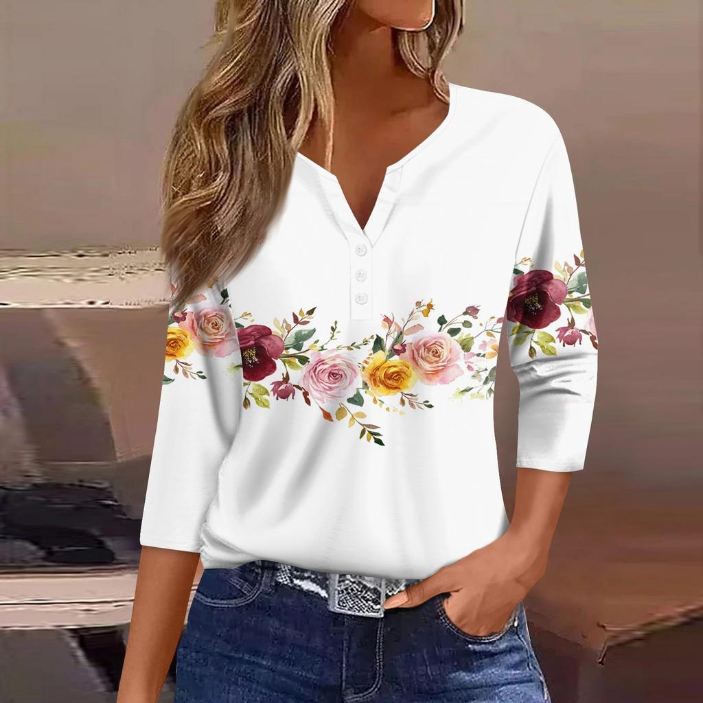 Жен. Футболка Футболка С принтом Пуговицы Рукав 3/4 Повседневные Выходные Мода Классический Классический V-образный вырез Обычный Верх
