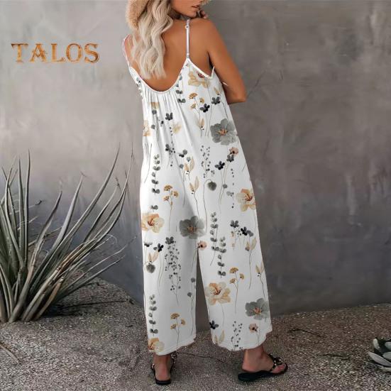 Летний женский комбинезон с регулируемым ремешком на тонких бретельках, без рукавов, с открытой спиной, с широкими штанинами, свободный цветочный принт, глубокая промежность, боковые карманы, плиссированные, для отдыха, пляжа