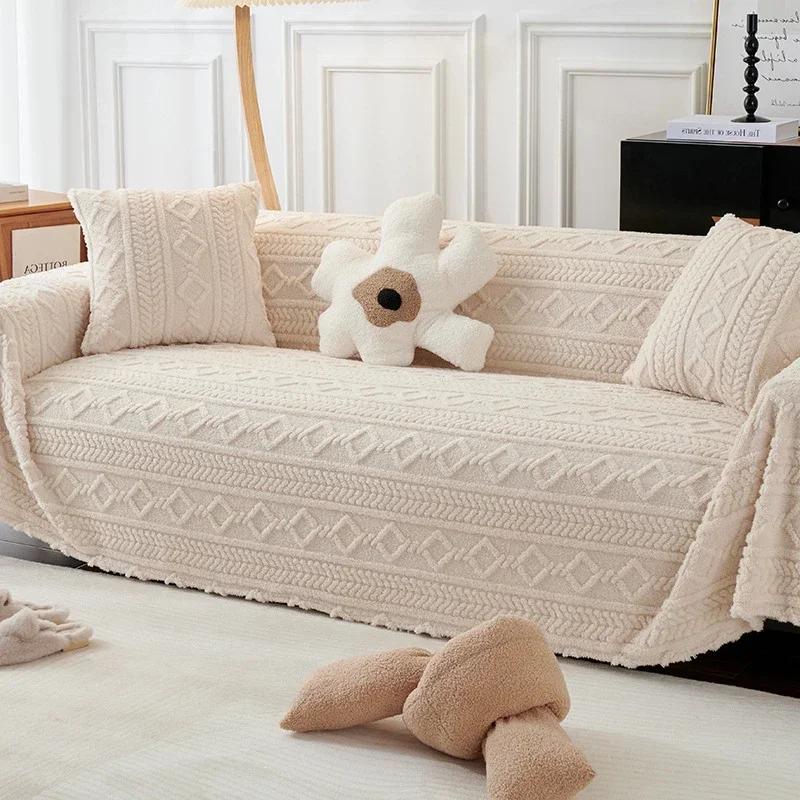 Большой чехол для дивана с защитой от кошачьих царапин, зимнее плюшевое полотенце для дивана в стиле Ins, сплошное цветное одеяло с полным покрытием, полное покрытие