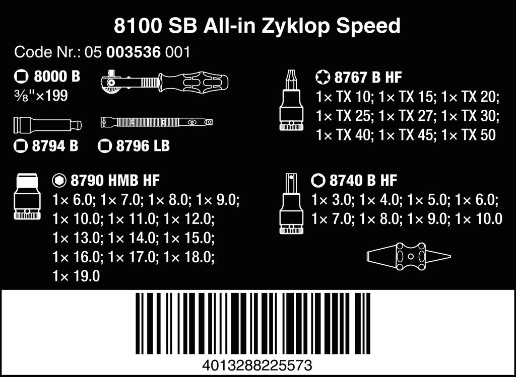 Wera 05003536001 Набор трещоток Zyklop Speed 8100 SB, Универсальный набор, Привод 3/8", 35 предметов