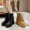 Модные зимние теплые ботильоны для женщин, кожаные короткие ботинки с круглым носком, высокая платформа, меховые мотоциклетные ботинки, толстые кроссовки на каблуке 9 см
