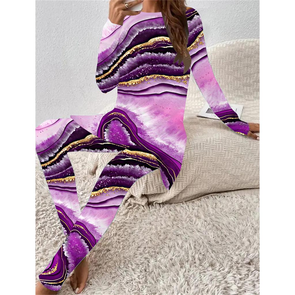 Евро-американская мода 3D принт под мрамор Женский всесезонный комплект из двух предметов: футболка с длинным рукавом + длинные брюки. Идеальный подарок на Новый год