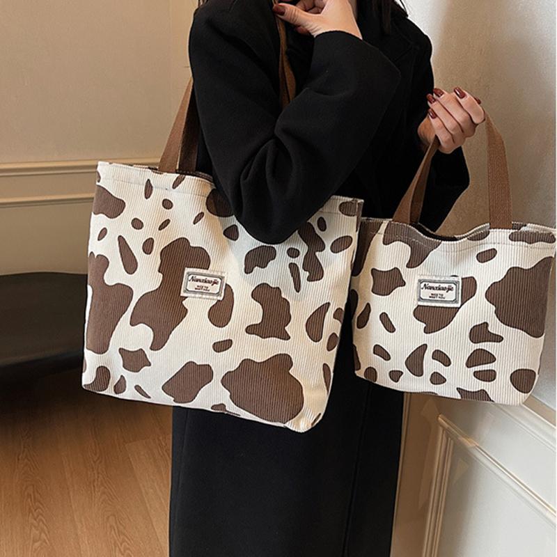 Модная вельветовая сумка-тоут с принтом коровы большой вместимости для женщин, многоразовая милая сумка через плечо для поездок на работу с молнией, складная сумка для покупок AVE