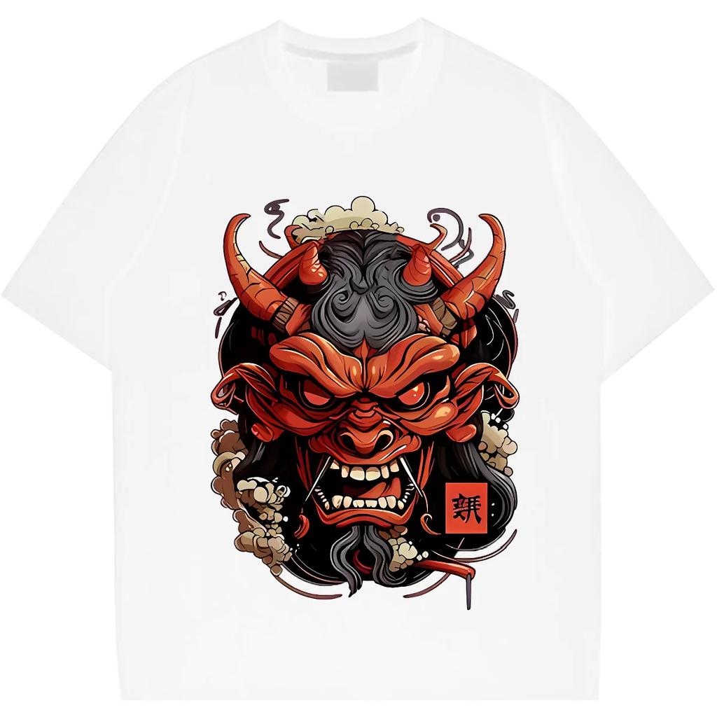 Japanese Samurai Mask Tee Oversized Milk Fiber T-shirt Retro Men Tops  Shirt Streetwear Loose Tshirt