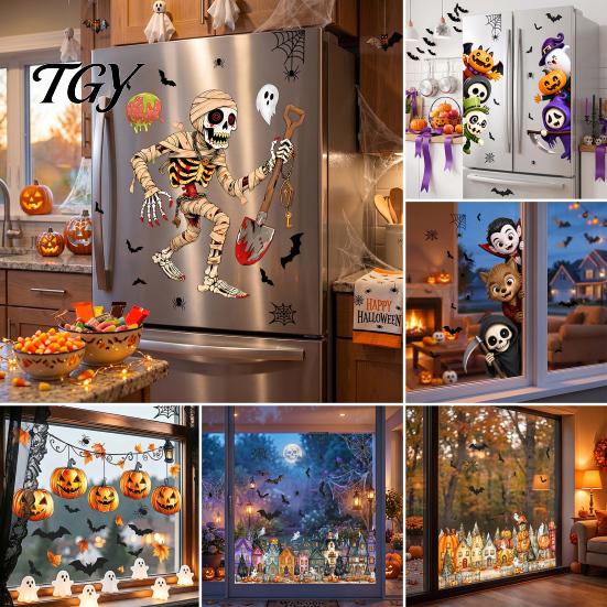 Spooky Party Glass Decor Halloween Window Clings, Pumpkins Skeletons Ghosts And Bats Print Decorative Clings Decals, Electrostatic PVC Static
