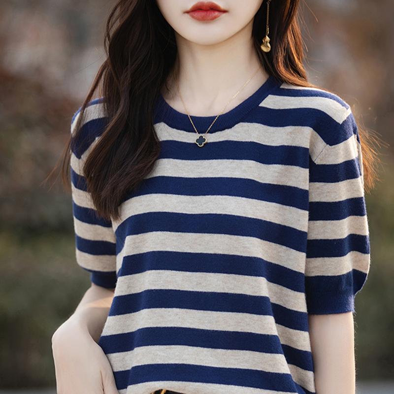 Women Knit T-shirt MODERN NEW SAGA Summer Knitted Shirt Striped Short Sleeve Tees O-neck Pullover Knit Tops