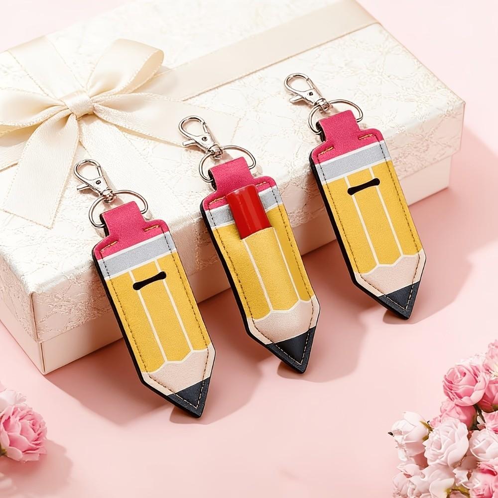 Pencil Shape Chapstick Key Chain Pouch PU Leather Pencil Shape Key Ring Birthday Gifts