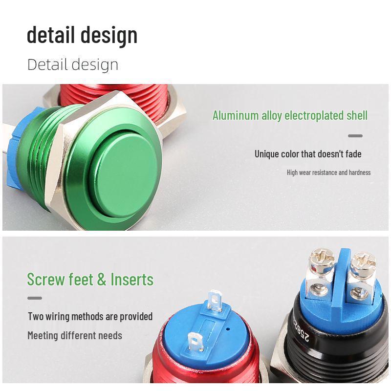 16mm Multicolor Waterproof Metal Reset Button, Momentary Solder-Foot, 24V/220V