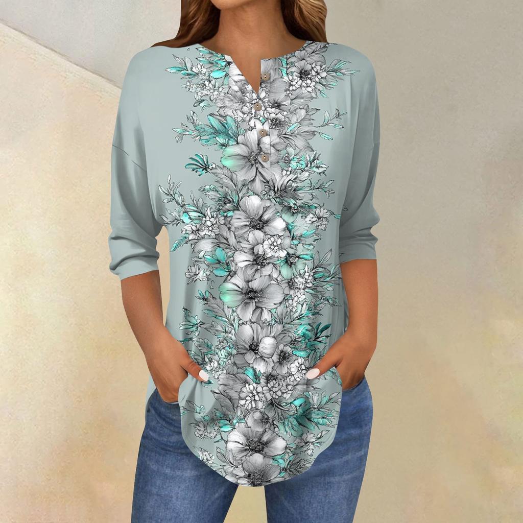 Женская свободная футболка с воротником на пуговицах и винтажным цветочным принтом, рукав три четверти
