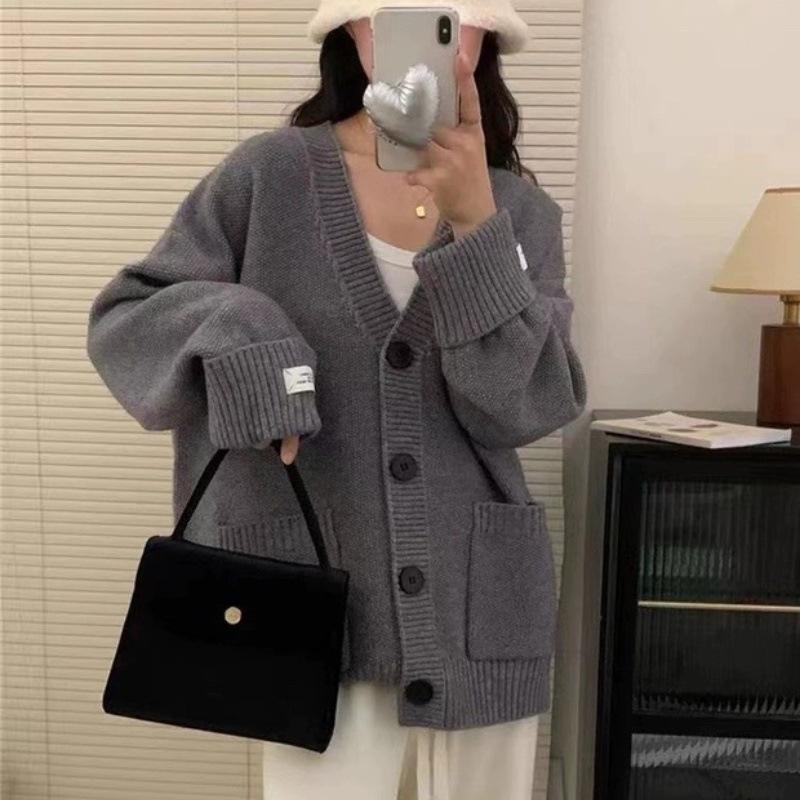 Large Solid Color V-neck Cardigan Autumn/winter Korean Loose and Versatile Casual Slimming Sweater Women's Top