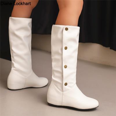 Модные женские ботинки 2025 Зима Новая мода Повседневные ботинки до середины икры Круглый носок Пряжка Большой размер 34-50 Женская обувь Металлическая отделка с заклепками