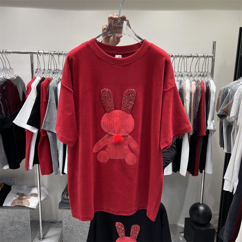 Футболка из хлопка с принтом мультяшного кролика - летняя женская свободная повседневная футболка с коротким рукавом