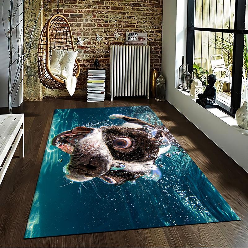 Playful Underwater Dog suitable as a non-slip mat for the living room or bedroom sofa