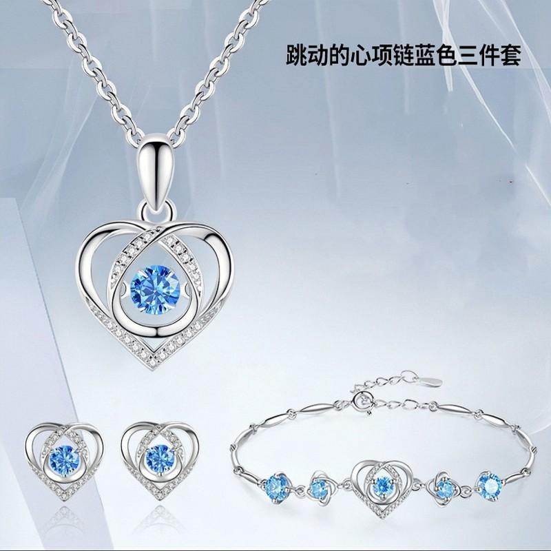 Elegant CZ Gemstone Pendant Necklace Set With Earrings Ring Women Blue Red Yellow Green Purple White Zircon Jewelry