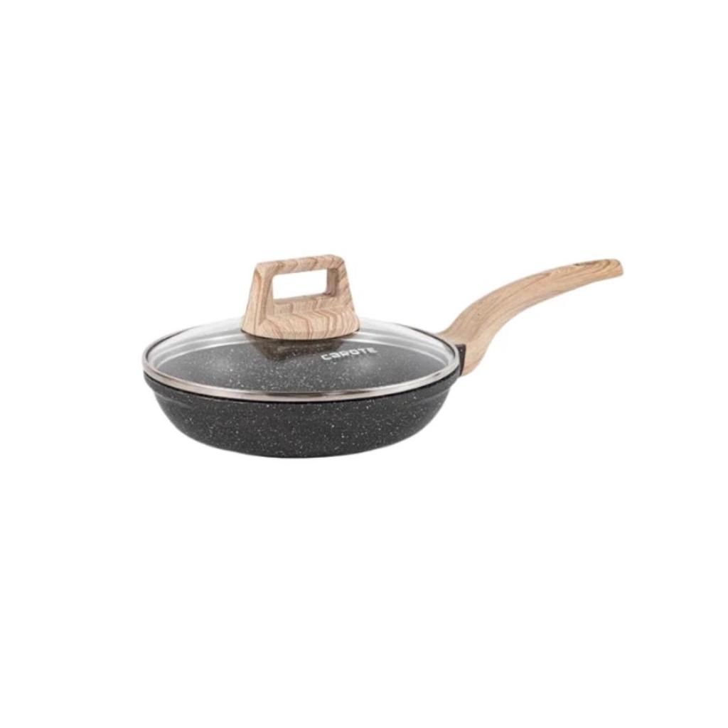 Carote Flat-Bottom Pan, Steak Griddle, Non-Stick Pan, Titanium Pan, for Induction Cooker, 20cm, with Lid, Black