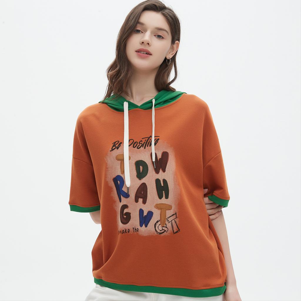 Dimanaf 2025 Летняя футболка женская с капюшоном и принтом букв, свободная, с коротким рукавом, белая, черная